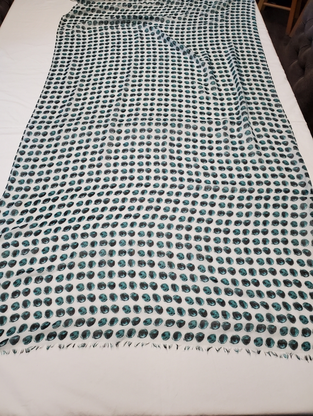 Banana Republic Polka Dot Scarf Teal Black White Lightweight Frayed Edge Wrap